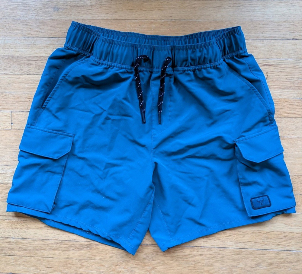 Bison Ridge Men's Blue Cargo Shorts, Elastic Waist Drawstring Pockets, S